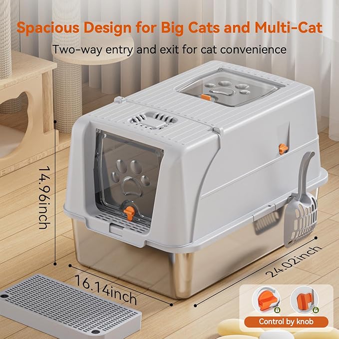 Enclosed Stainless Steel Cat Litter Box with Lid, Front & Top Flap, 180° Flip-top Design, Extra Large Metal Cat Litter Box with Scoop & Filter Pedal,Odor-Resistant (Light Gray)