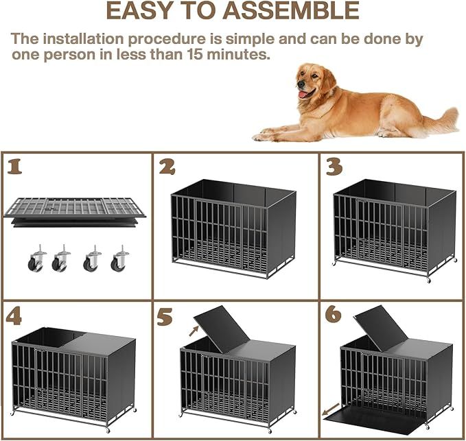 LEMBERI 48/42 inch Heavy Duty Indestructible Dog Crate, High Anxiety Extra Large Dog Cage for Large Dogs, XL Steel Escape Proof Dog Kennel with Wheels and Removable Tray (Black, 47.2*30.7*34.6 inch)