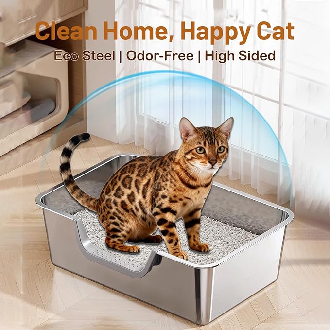 Stainless Steel Cat Litter Box, Large Metal Cat Pan Box, 6 Inch High Sides Low Entry Kitten Litter Boxes, Litter Pan for Older Cats, Easy Cleaning, Non Stick, No Smell, 17.7" x 13.8", Gray