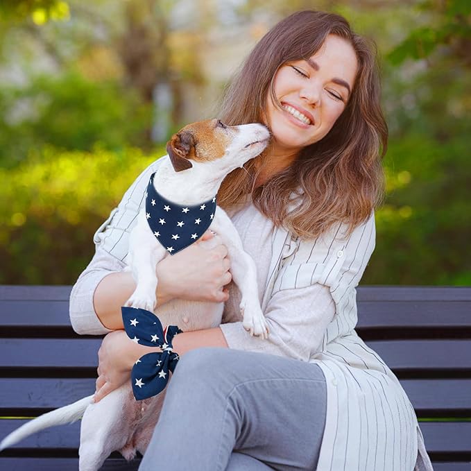 E-Clover 4th of July Dog Bandanas & Matching Scrunchie Set American Flag Dog Scarf Washable Patriotic Pet Bandana Triangle Kerchief Bibs for Medium Large Dogs Owner Gifts