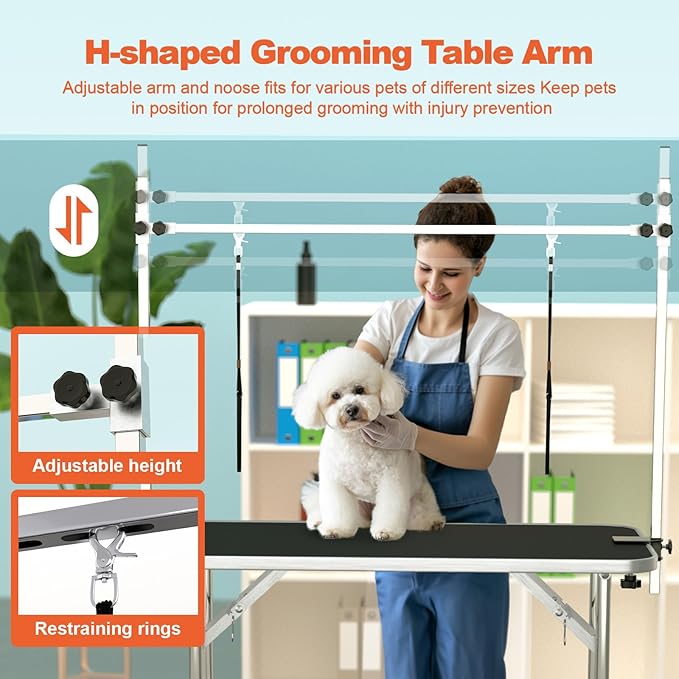 46'' Dog Grooming Table for Large Dogs, Foldable Professional Grooming Table for Dogs at Home with Double Loops/Mesh Tray/Adjustable Arm, Capacity up to 330lbs, Black