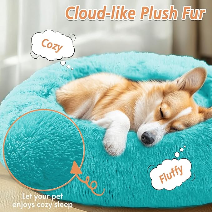 JOLLYVOGUE Calming Dog & Cat Bed for Large Dogs, Anti-Anxiety Donut Cuddler Cozy Soft Round Bed with Anti-Slip Bottom, Fluffy Faux Fur Plush Cushion Beds for Medium Dogs (36")