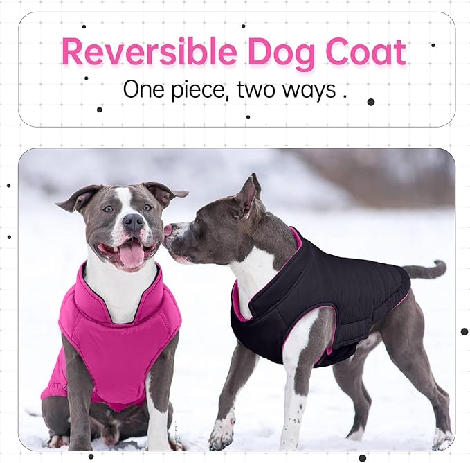 Lelepet Reversible Dog Coat Waterproof Dog Jacket Windproof Puffer Vest for Winter Warm Lightweight Coats for Small Dogs Adjustbale Hook & Loop Pet Apparel with Leash Hole, Pug, Rose Red, M