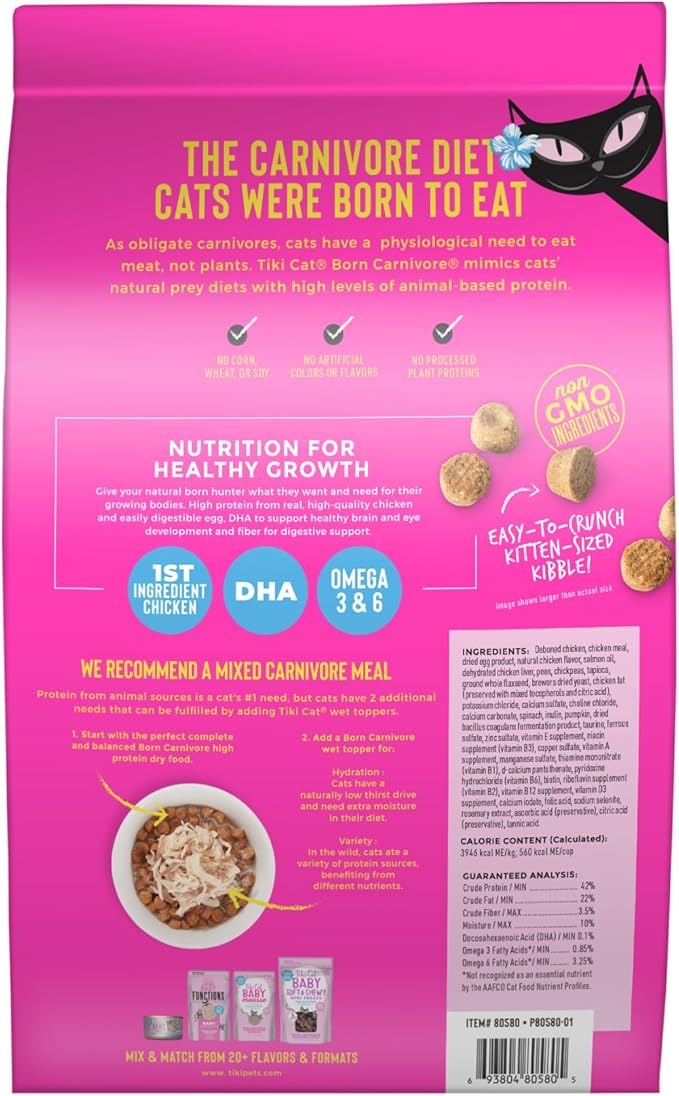 Tiki Cat Born Carnivore Baby, High-Protein and Grain-Free, Complete and Balanced Dry Cat Food for Kittens 6 Weeks+, 5.6 lbs. Bag
