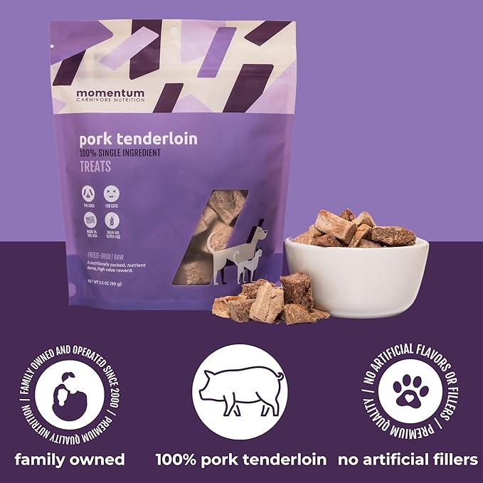 Momentum Carnivore Nutrition Freeze-Dried Pork Tenderloin Dog Treats – Single-Ingredient, Dog & Cat Treats – High-Protein, Grain-Free– 3.5 oz Bag