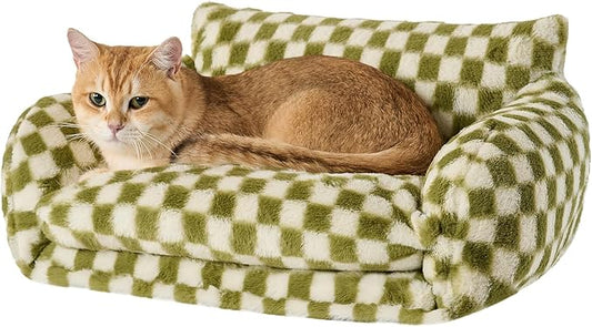 Hollypet Cat Bed Fluffy Plush Mutifuctional Double-Layer Soft Pet Couch Orthopedic Sofa Nest Beds for Small Cats and Dogs, Green and White (21x15x8 inch)