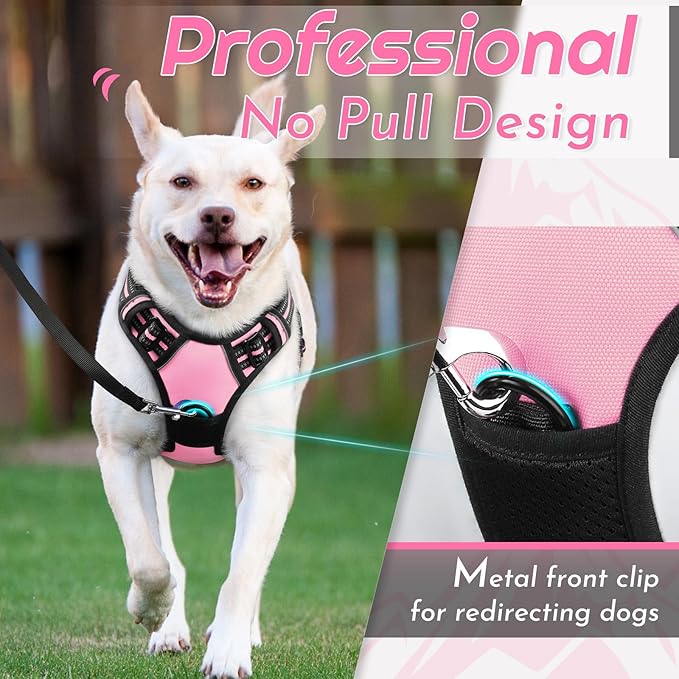 Eagloo Dog Harness for Large Dogs, No Pull Service Vest with Reflective Strips and Control Handle, Adjustable and Comfortable for Walking, No Choke Pet Harness with 2 Metal Rings, Pink, L