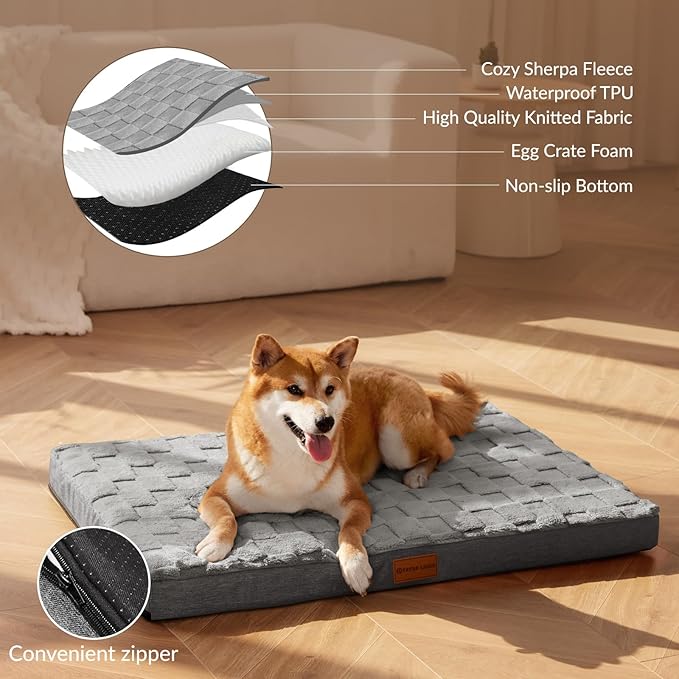 Patas Lague Orthopedic XL Dog Bed Large Sized Dog 48''X30'', Waterproof Soft Comfortable Egg Crate Foam Large Pet Beds Crate Mat with Removable Washable Cover and Nonskid Bottom, Grey