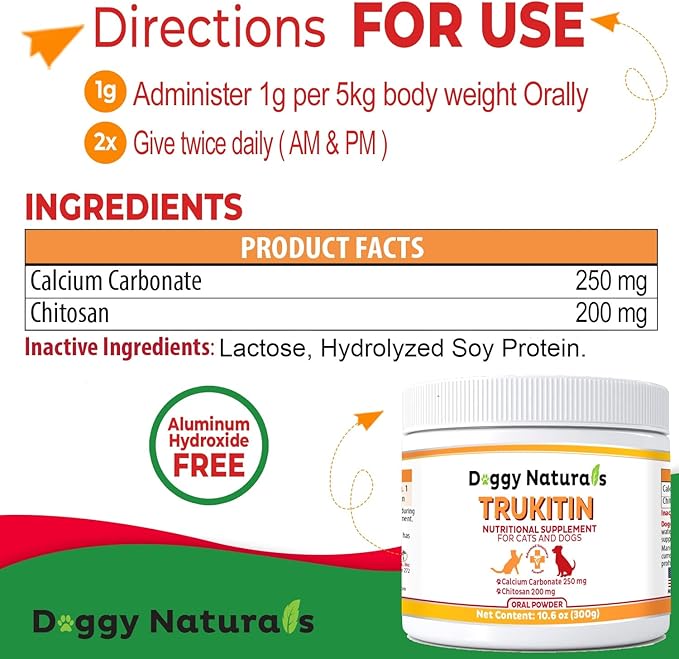 Trukitin Chitosin Based Phosphate Binder for Cats & Dogs – All Natural Human Grade Ingredients for Renal Support Supplement with Calcium Carbonate Oral Powder (Made in U.S.A)