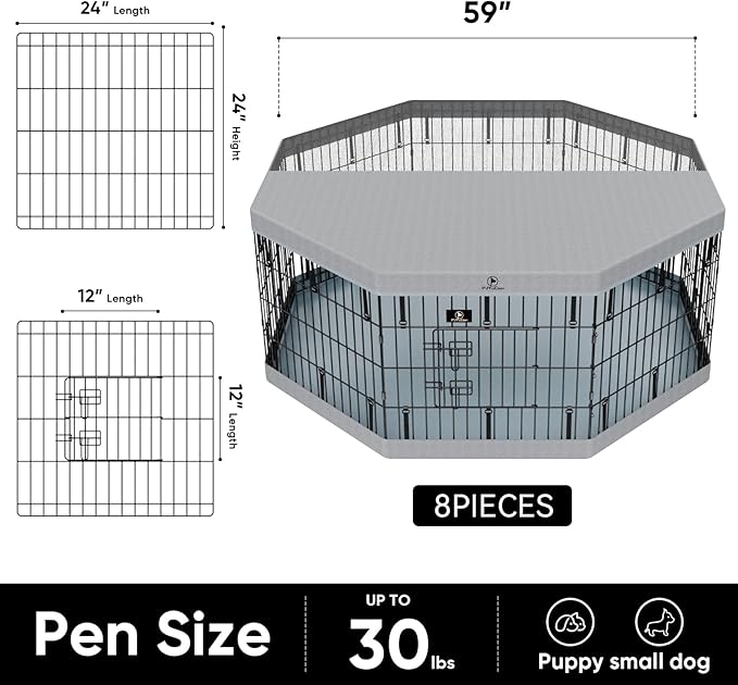 PJYuCien Dog Playpen, 8 Panels 24”H Dog Playpen Indoor with Grey Bottom Pad and Top Cover, Metal Foldable Dog Pen for Indoor Use, Only for Small Medium Animals, Grey