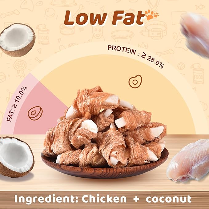 Chicken Wrapped Coconut Dog Treats, Healthy and 100% Natural Chicken Jerky Chewy Bites, Low Fat High Protein Training Snacks for Small Medium Large Dogs, Grain & Gluten Free, 10.58oz