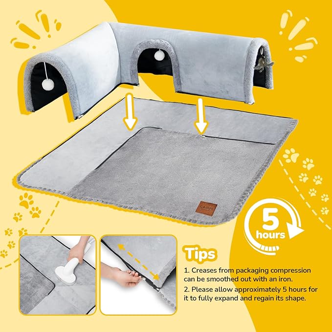 CATISM Cat Bed with Tunnel - Cat Beds for Indoor Cats 3-Way Ports 3 Toys, Soft Cave, Large Tunnel, Detachable Rug, Non-Slip Bottom Carpet for Kitten Ferrets Small Animals