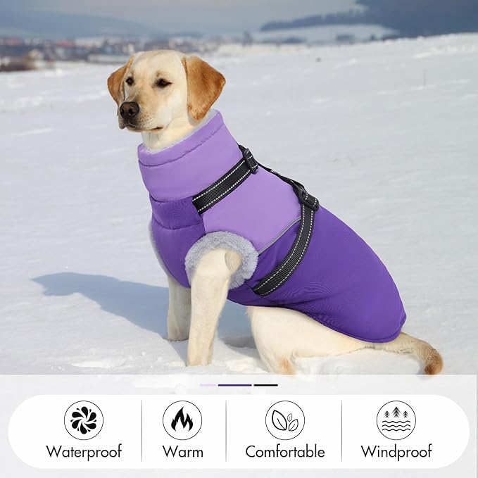 Warm Dog Coat with Harness - Waterproof, Windproof Zipper, Fleece Lined Puffer Jacket for Large Dogs, Winter Snow Jacket