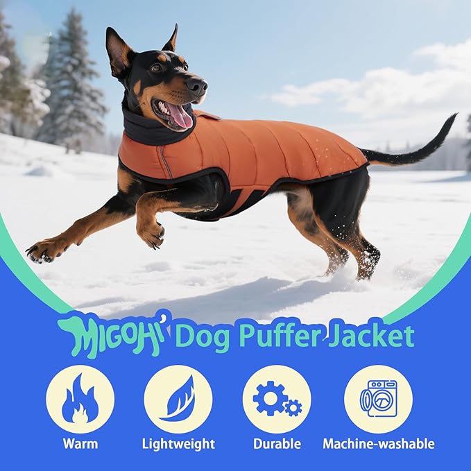 MIGOHI Lightweight Dog Puffer Jacket - Dog Winter Coat with Reflective Strips, Padded Vest with Harness Hole, Warm Snow Jacket Cold Weather, Easy On Hook & Loop Belly for Medium Dogs, Caramel, L