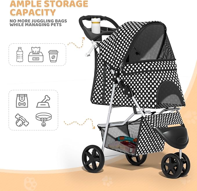 Magshion 3-Wheel Pet Stroller, Foldable Travel Jogger for Small & Medium Dogs & Cats (Up to 33lbs), Lightweight Carrier with Breathable Mesh Cover, Cup Holder & Storage Basket, Black Polka Dots