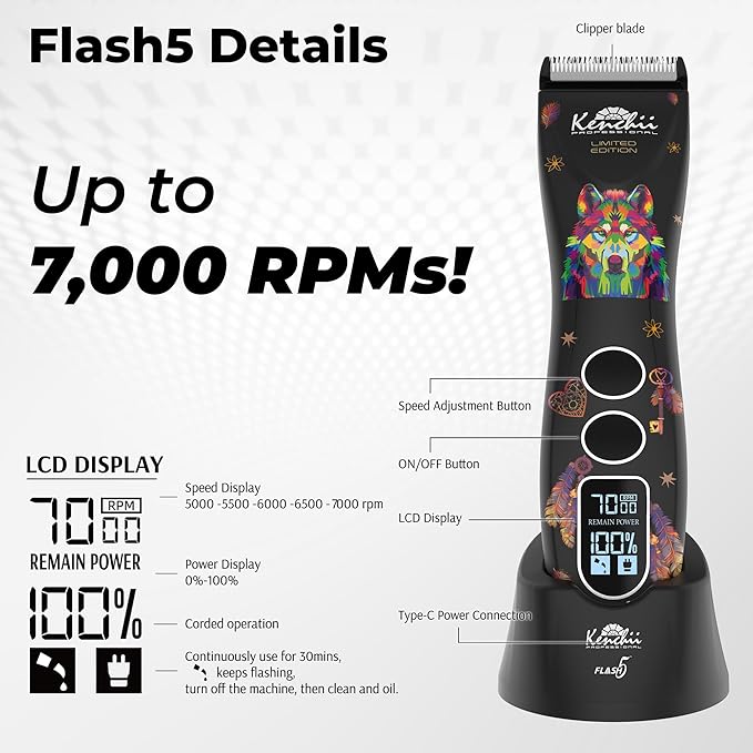 Kenchii Flash 5 Wolf Limited Edition - 5-in-1 Digital Cordless Clipper - Precision Pet Grooming: Trim, Shape, and Style Effortlessly USB-C Charging (Black)
