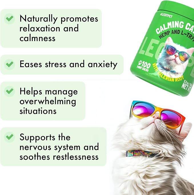 Cat Calming Treats Natural Anxiety Relief for Indoor Cats Stress & Travel Storm Separation Support Helps with Vet Visits, Grooming & Loud Noises Soothing Behavior Aid 100 Yummy Chews