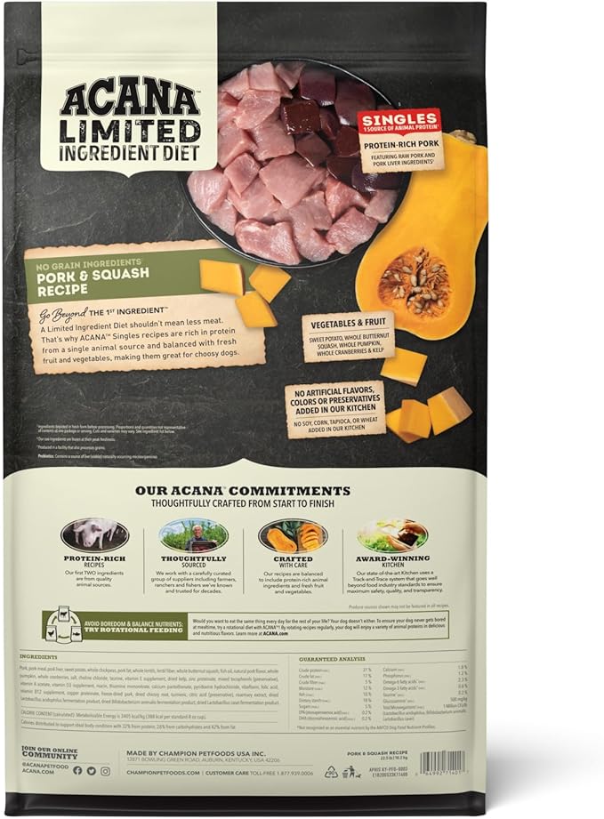 ACANA Singles Limited Ingredient Grain Free High Protein Dry Dog Food Pork & Squash Recipe 22.5lb Bag