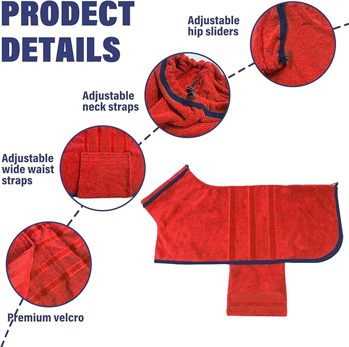 Dog Drying Coat - Fast Drying Dog Towel Robe - Microfiber Super Absorbent Pet Bathrobe, Adjustable Collar & Belly Strap Fast Drying Bath Robe Towel (Medium, Red)