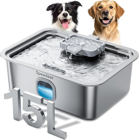 4Gal/15L Dog Water Fountain for Large Dogs, Stainless Steel Large Pet Drinking Fountain, Automatic Dog Water Bowl Dispenser with Deeper & Wider Drinking Area, Multi-Filtration, Ultra-Quiet, 6 Filters