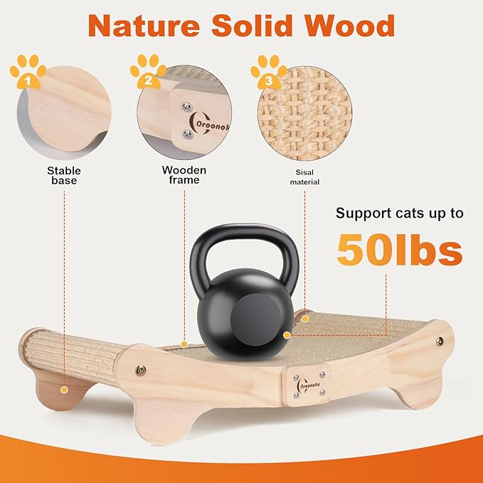 Oroonoko Cat Scratcher Bed for Indoor 2-in-1 Sisal Scratching Post & Hammock with Easy Assembly, Non-Tip Wood Base, Large Cat Bed & Scratch Pad (2-in-1 scracher Bed)