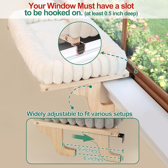 Zakkart SnugCloud Cat Perch for Window Sill with 4-Sided Bolster - Orthopedic Cat Window Hammock - Solid Hardwood & Metal Frame - Window Seat for Pets (Natural Color Wood w/Gray Bed, Medium)