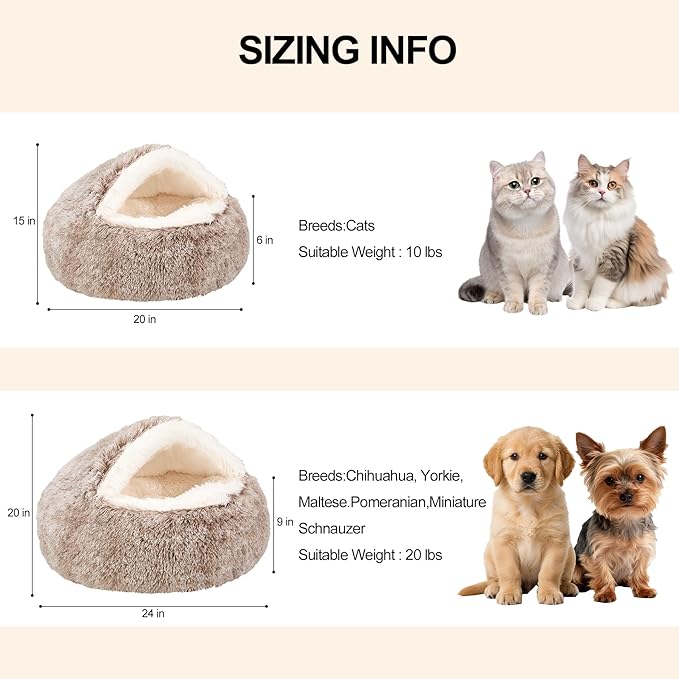 Calming Dog Beds & Cat Cave Bed with Hooded Cover,Removable Washable Round Beds for Small Medium Pets,Anti-Slip Faux Fur Fluffy Coved Bed for Improved Sleep,Fits up to 15/25 lbs (Small,20"x20")