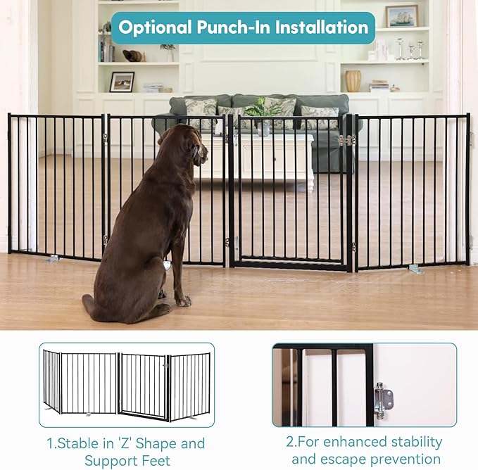 No Pawblems Free Standing Dog Gate with Door, 30'' Tall Foldable Dog Fence for Indoor & Outdoor, Up to 104 Inch Extra Wide Puppy Gate for Stairs, Hallways, Doorways, Deck, Yard (Black, 4 Panels)