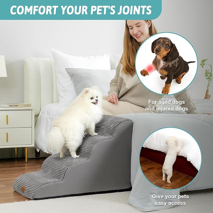 Dog Stairs for Small Dogs 19.7" H, Curved Dog Step for Puppy, Older or Cat, Medium Pet Ramp for Sofa, Couch or Bed, Ladder with High Density Foam, 4 Step, 15.7x28.3x19.7 inch, Dark Grey