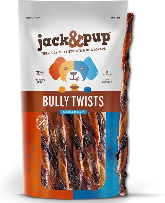 Jack&Pup 12" Bully Twists | Odor Free Bully Sticks for Dogs | Single Ingredient Dog Chew Sticks for Light Chewers | All Dog Breeds (15 Ct)