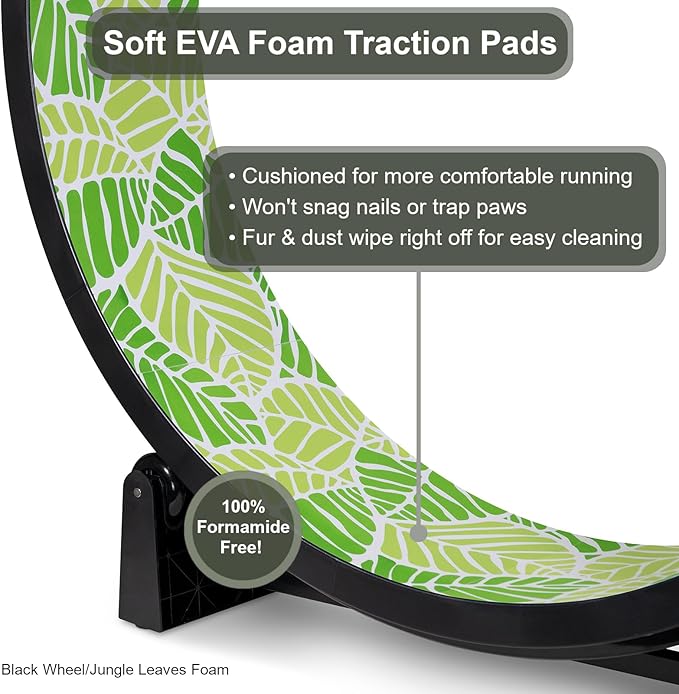 One Fast Cat - Cat Exercise Wheel - Gen. 7 - Safe 48" Diameter - Made in The USA - Black Wheel with Jungle Leaves Foam Traction Pads and Light-Up LED Inline Wheels