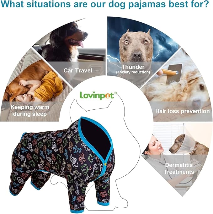 LovinPet Dog Full Body Suit Large - Lightweight Stretchy Fabric, Jungle Friends Grey Print, Dog Jumpsuit, Uv Protection Shirt, Easy to Wear Large Dog Pjs,L
