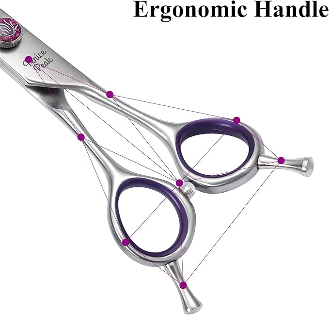 Fenice Peak 8'' Dog Grooming Scissors Set 4PCS Straight Curved Thinning Chunker Shears with Purple Finger Rings and Flashing Screw 440C Stainless Steel Natural Color Trimming Shears Durable and Sharp