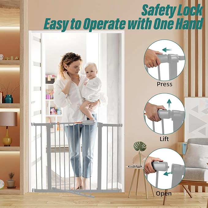 29-57" Dog Gates for Doorways No Drilling, Pet Gate Indoor, 30" Tall Metal Walk-Thru Gate, Easy One-Hand Open, Extensions & Wall Mounts Included (Gray, 57" W x 30.5“H)