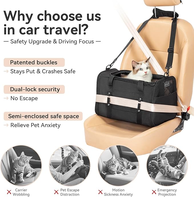 PETSFIT Cat Car Carrier for Small/Medium Cats Dogs, 18"x11"x11" Airline Approved Cat Carrier, with Patent Safety Buckles and Escape-Proof Zipper - Safeguarding Car Travel, Airplane, Vet, Outdoor