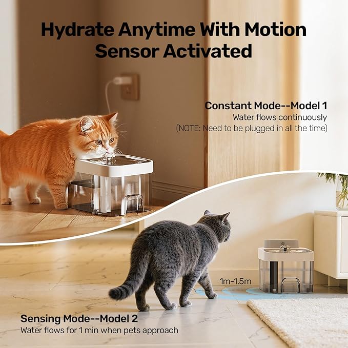 Cat Water Fountain, Wastewater Separation & No Filter Cotton, Pet Water Dispenser with 101oz/3L Large Capacity Tank, Wireless Automatic Water Fountains for Cats Indoor Cat Watering Supplies