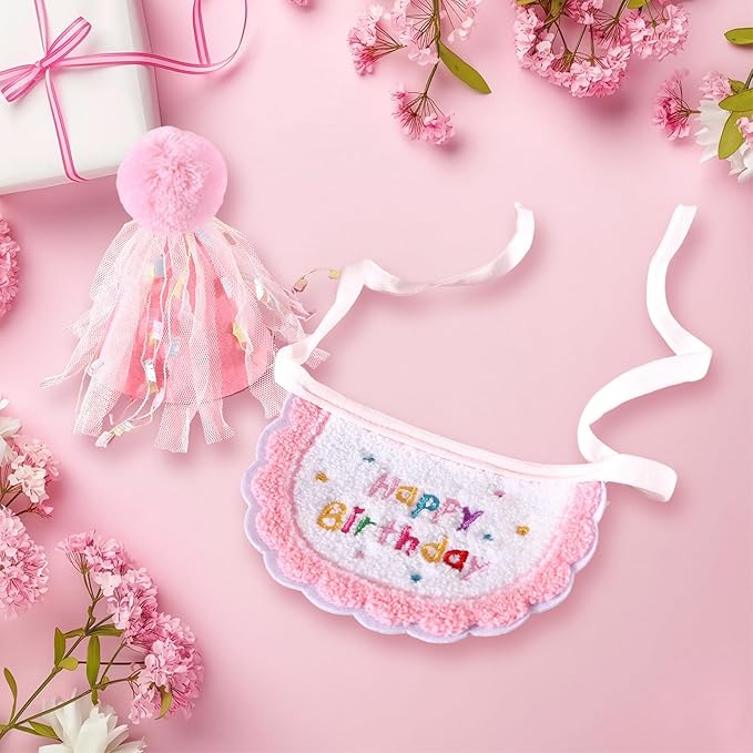 Kunyeah 2Pcs Pet Happy Birthday Hat Scarf Set Puppy Princess Costumes Cute Cat Bandana Outfit Dog Cone Hat wtih Pom-pom Colorful Lace Bib Collar Pet Birthday Decorations Party Supplies (Pink)