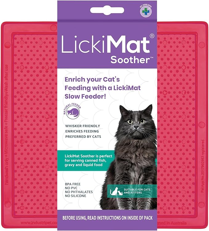 LickiMat Classic Soother, Cat Slow Feeder Lick Mat, Boredom Anxiety Reducer; Perfect for Food, Treats, Yogurt, or Peanut Butter. Fun Alternative to a Slow Feed Cat Bowl or Dish, Pink