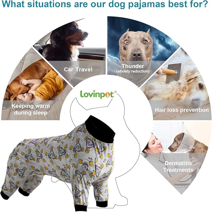 LovinPet Big Dogs Pajamas Clothes, Sleepytime Elephants Print, Pajamas for Pitbulls, Post Surgery Dog Shirt, Wound Care Large Dog Onesies, Lightweight Pullover, Full Coverage Large Breed Dog Pjs, 2XL