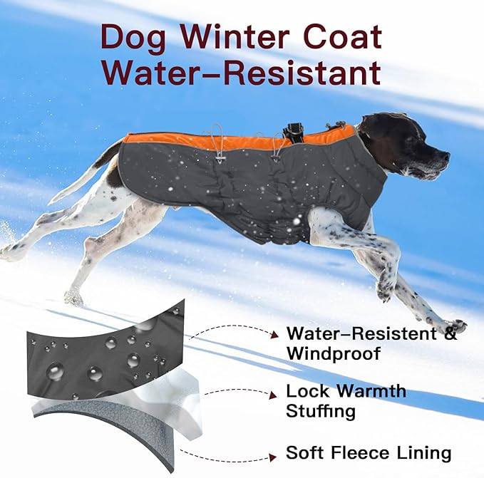 Dog Coat - Large Dog Winter Jacket, Warm Zip Up Snowsuit, Reflective, Water-Resistant, Orange-Gray