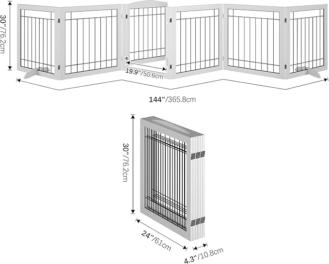 Vantas Folding Pet Gate 144" Wide, 30" Tall No-Assembly Wooden Dog Gate with Door Walk Through, Freestanding Wire Pet Gate, Pet Puppy Safety Fence, with 2PCS Support - White