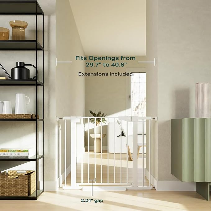Cumbor 2 Pack 29.7-40.6"(Extensions Included) Baby Gate for Stairs, Mom's Choice Awards Winner-Auto Close Dog Gate for doorways, Pressure Mounted Pet Gate Indoor, Wide Safety Child Gate for Dog,White
