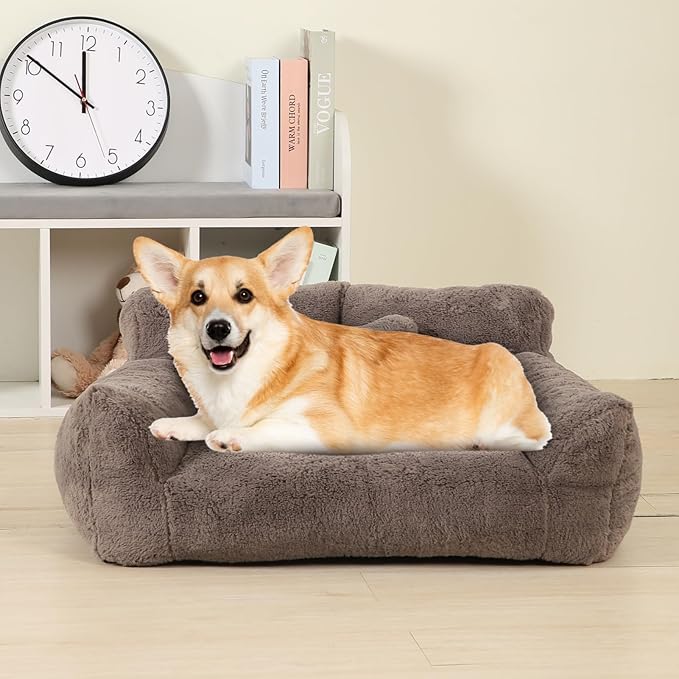 Extra Wide Fluffy Cat Bed, Small Dog Bed with Bone Shaped Pillow, Anti-Anxiety Pet Couch with Washable Cover, Brown