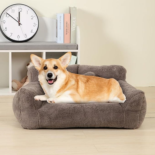 Extra Wide Fluffy Cat Bed, Small Dog Bed with Bone Shaped Pillow, Anti-Anxiety Pet Couch with Washable Cover, Brown