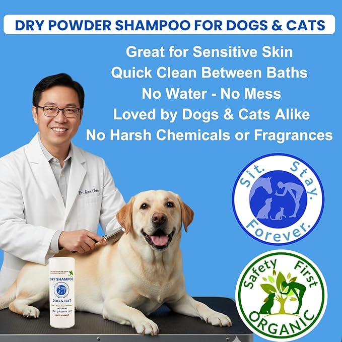Sit. Stay. Forever. Dry Shampoo for Dogs & Cats – Organic Dry Bath Powder, Talco para Perros, Hypoallergenic, Odor Control for Smelly Dogs, No-Rinse, Anti-Itch, Safe & Natural, Made in The USA, 28 oz