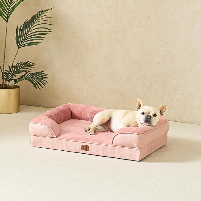 EHEYCIGA Orthopedic Dog Beds for Large Dogs, Waterproof Memory Foam Large Dog Bed with Sides, Non-Slip Bottom and Egg-Crate Foam Pet Couch Bed with Washable Removable Cover, Dusty Pink