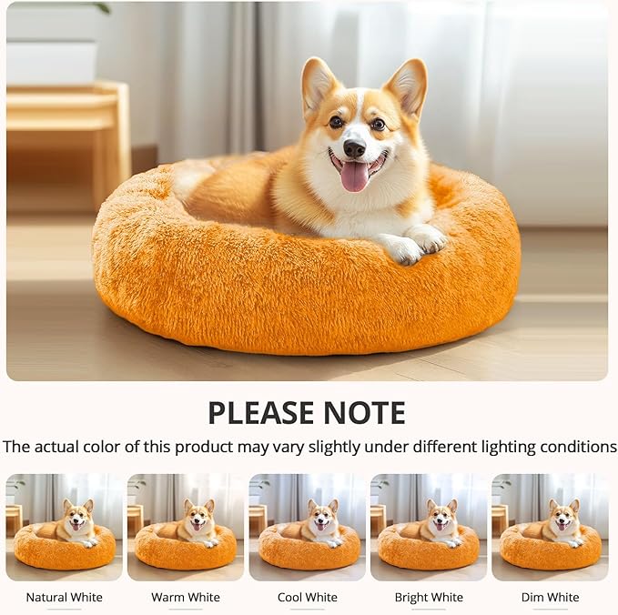 JOLLYVOGUE Medium Calming Dog Bed, Anti-Anxiety Donut Cuddler Cat Bed with Anti-Slip Bottom, Fluffy Faux Fur Machine Washable Pet Cushion for Medium Large Dog & Cat (31")