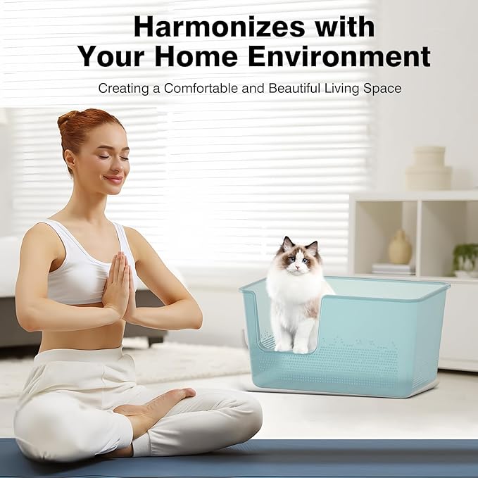 Extra Large Cat Litter Box with High Sided,24.8" Lx11.4 Wx13 H,Clear Jelly Color, Jumbo Litter Box for Big Cats,XL Cat Box for Multiple Cats,Kitty,Giant,Anti-Splashing,Easy to Clean (Blue)