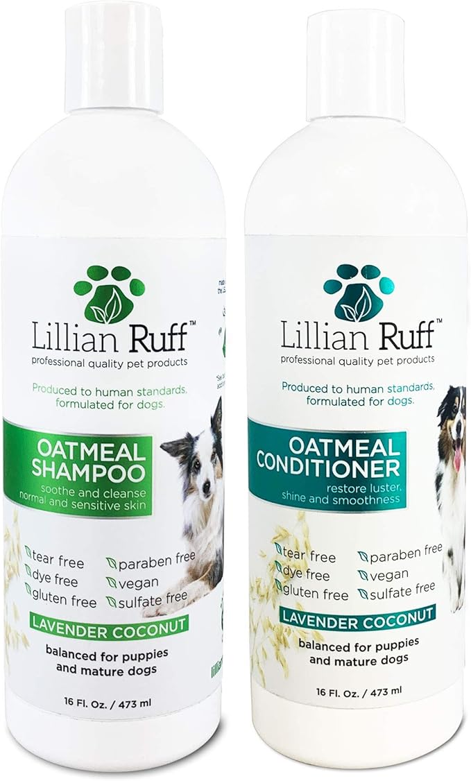 Lillian Ruff PRO Formula Deodorizing Oatmeal Dog Shampoo & Conditioner Set - Calm Itching & Allergies, Ultra-Nourishing Dry Skin Relief - Oatmeal, Aloe, Coconut Oil, Lavender & Provitamin B5, USA Made