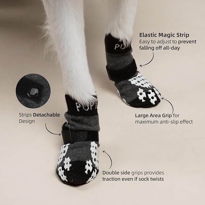 PUPTECK Anti-Slip Dog Socks with Double Sides Grips for Small Medium Large Dogs Hardwood Floors Prevents Licking, Dog Shoes for Hot Pavement Traction Control Paw Protector for Senior Dogs, Grey XXS